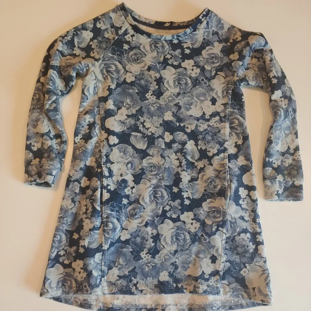 H & M | Blue Floral French Terry Sweatshirt Dress | 4-6yr. | Pockets Casual